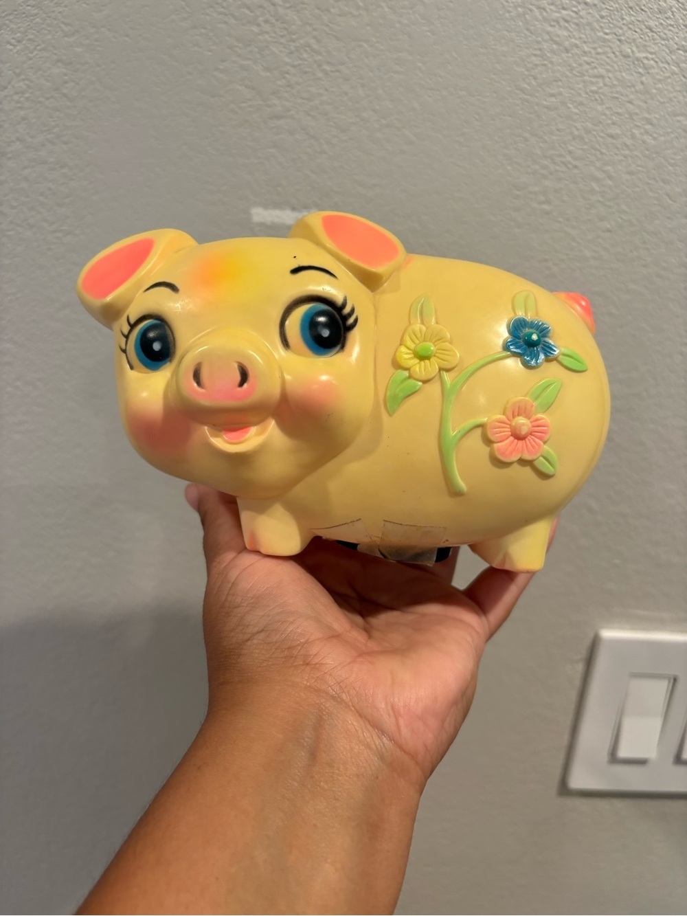 Vintage 1977 Sanitoy Yellow Plastic Piggy Bank Hand Painted Bright Colors